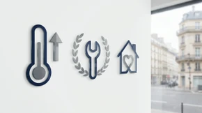 Une composition graphique moderne montrant des symboles de fiabilité et engagement client : un thermomètre stylisé avec une flèche montante, une clé anglaise entourée d'une couronne ou d'un sceau, et une maison avec un cœur au centre. Icônes minimalistes en bleu marine et gris sur fond blanc, style corporate épuré, sans texte, illustrant la spécialisation de BALINEO en plomberie et climatisation ainsi que son engagement envers la satisfaction client.