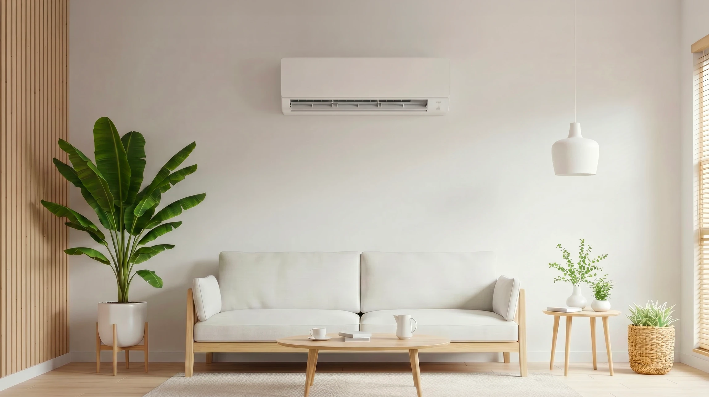 Technicien en salopette bleue installant une unité extérieure de climatisation sur mur en briques blanches, positionné sur échelle métallique